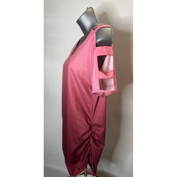 Womens V Neck Short Sleeve Cold Shoulder Cutouts Shirt Light Rose Burgundy, Wine - Picture 3 of 16